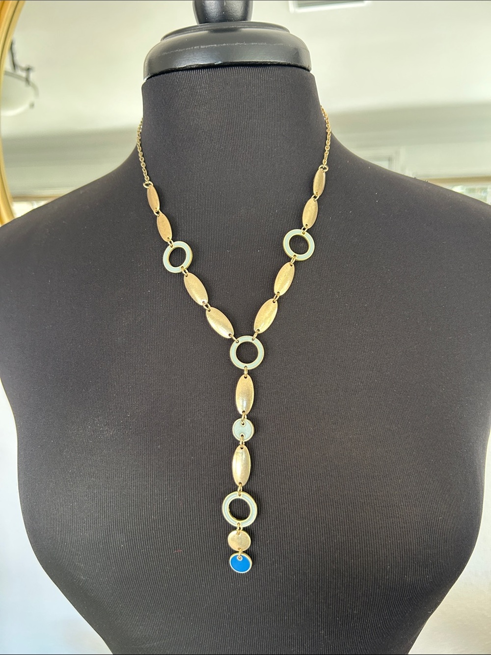 Ann Taylor Factory Gold-Tone Lariat Necklace with Light Blue and Blue Drops